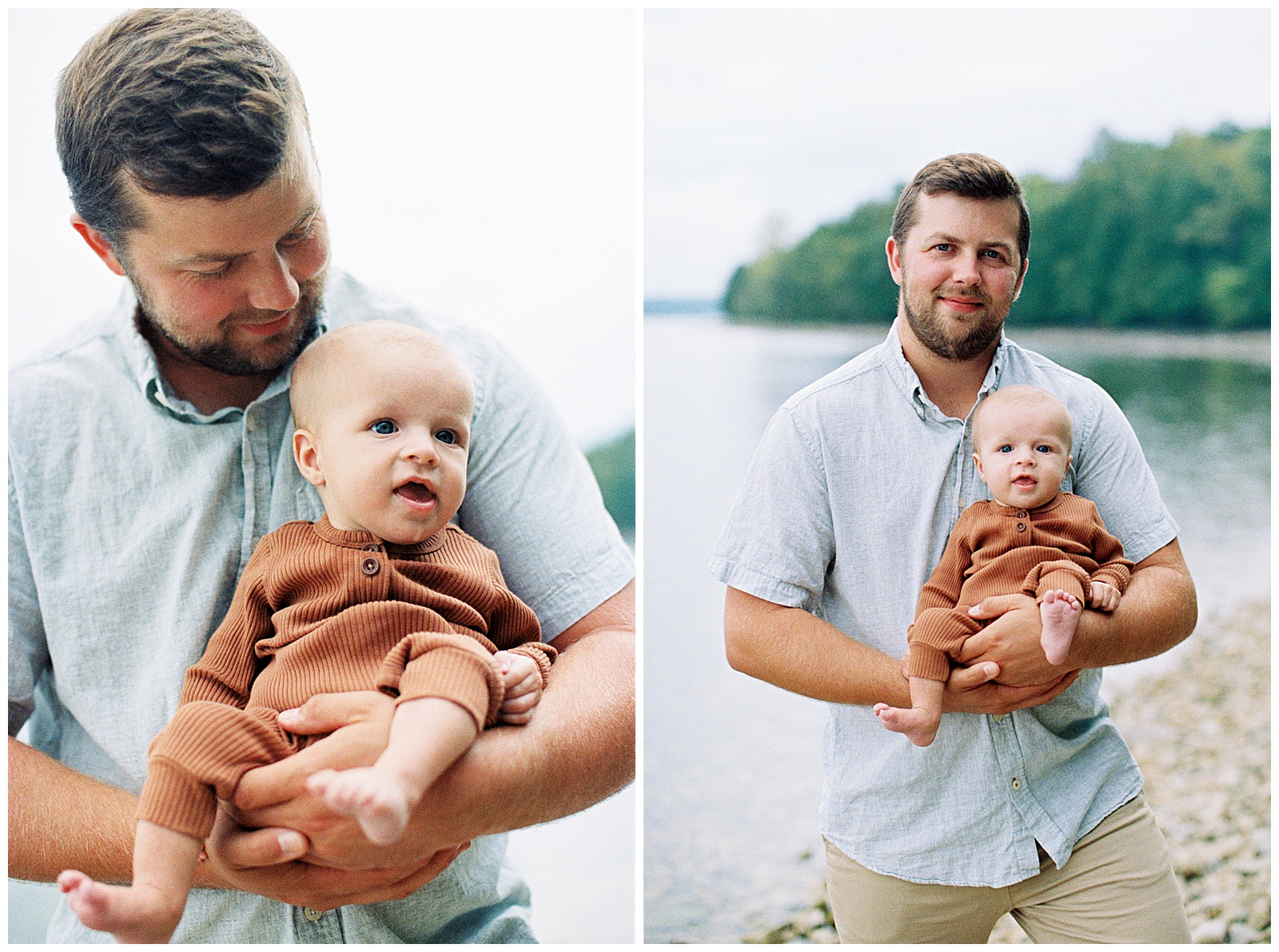 Dad and baby pose in front of Lake Michigan for relaxed family session