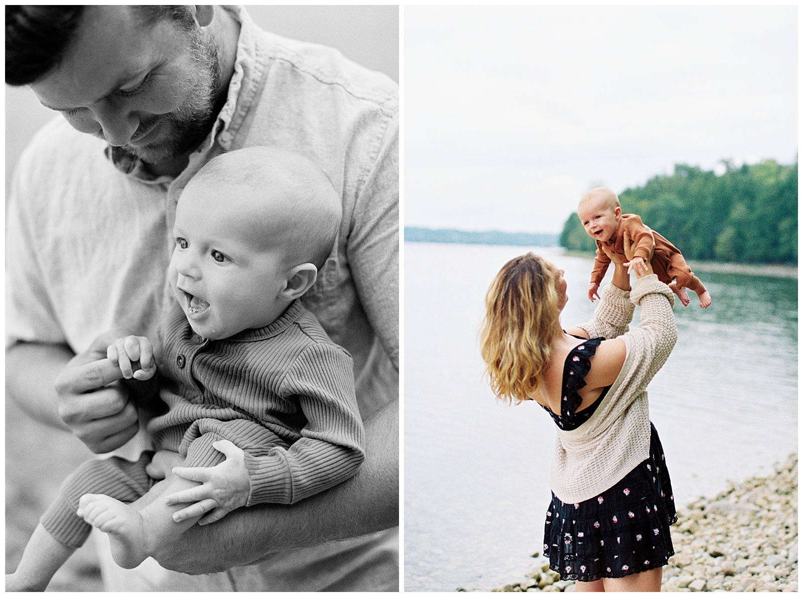 Parents play with newborn during relaxed and vibey family session.