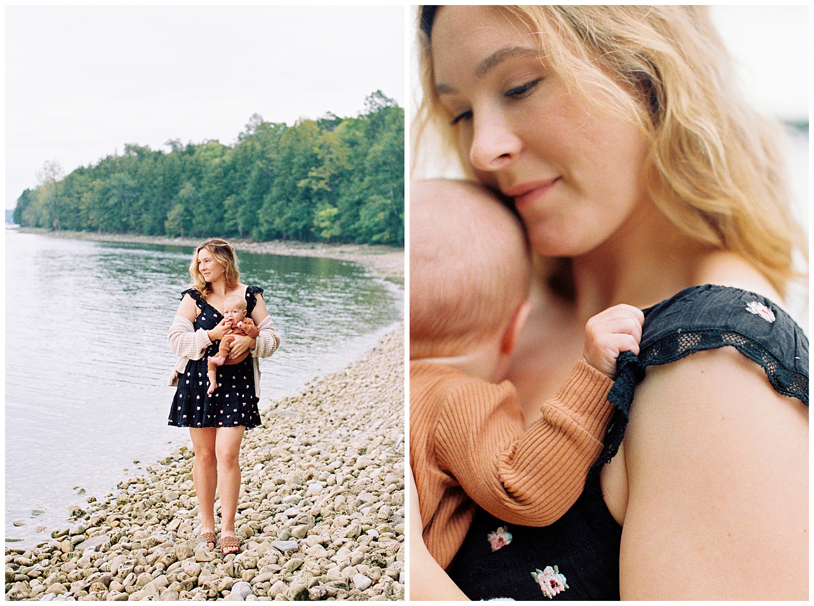 Stunning new mom holds newborn in front of Lake Michigan for relaxed family session