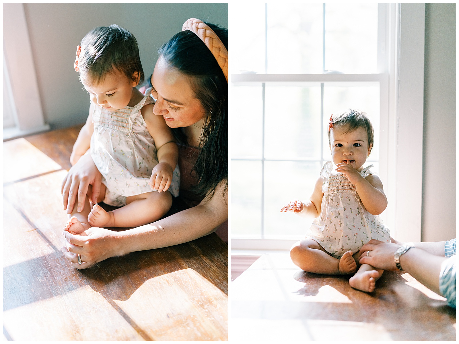 Mom and daughter in a patch of sunlight during Knoxville lifestyle in-home session