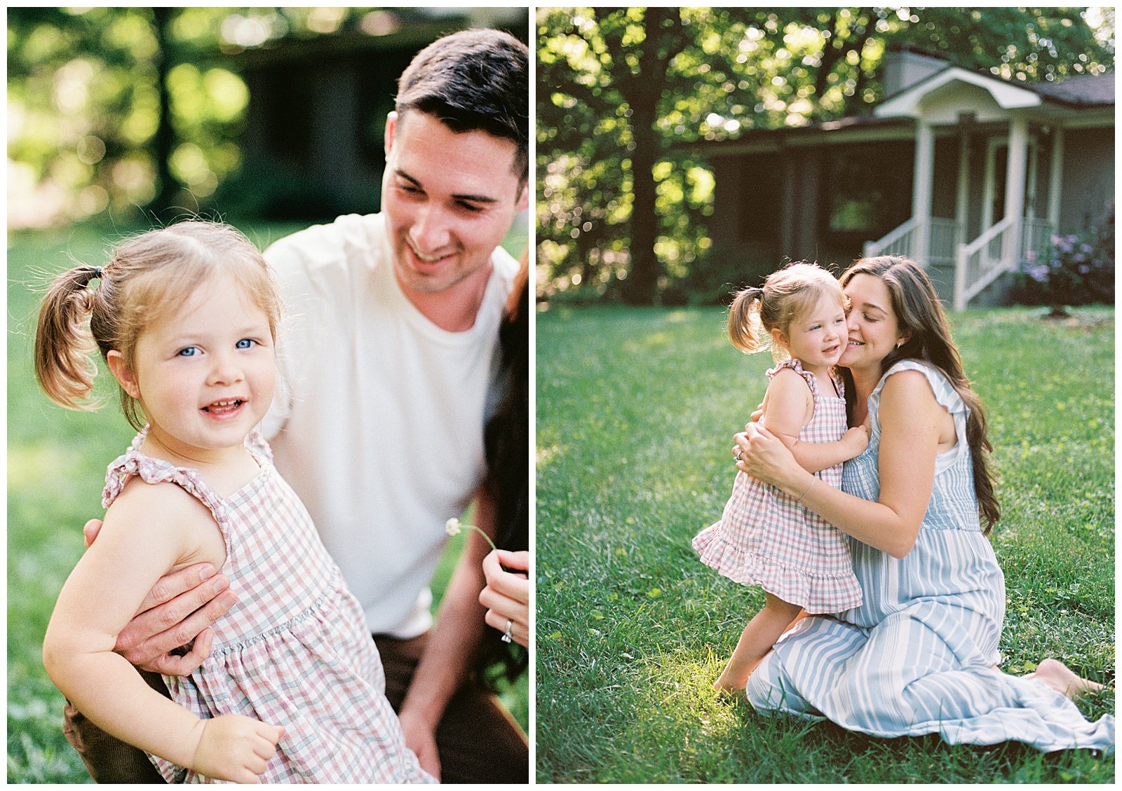 Family of three pose together in the grass at the end of summer for lifestyle session