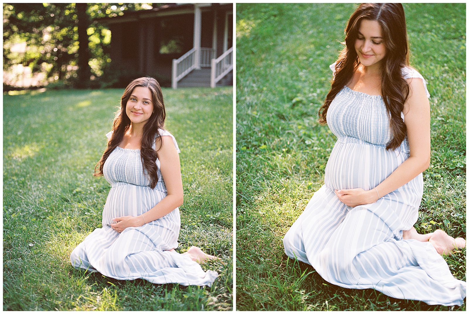 Expecting mother poses against the grass for an in-home Knoxville maternity session