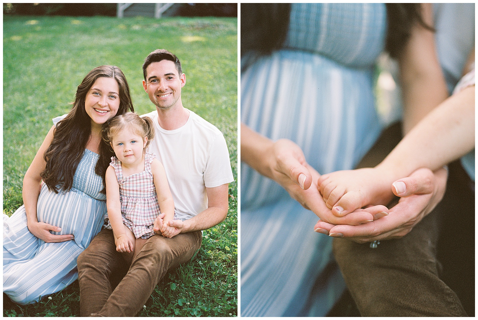 The sweetest family of three pose on the grass for knoxville in-home session