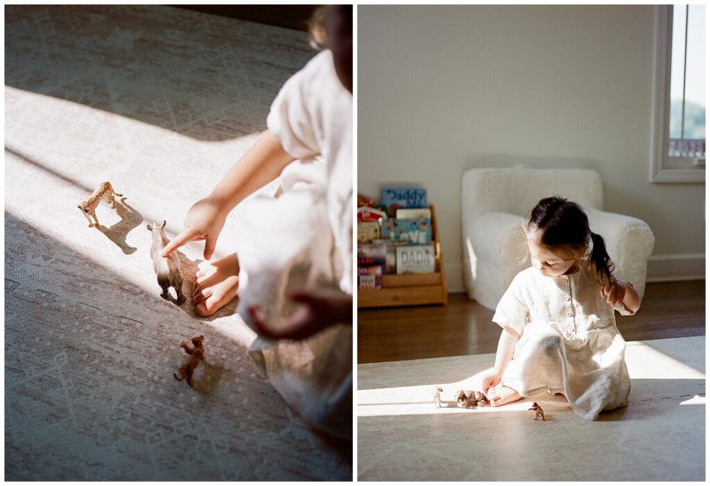 Toddler girl playing with her toys on the floor in direct window light - Knoxville family lifestyle photographer.