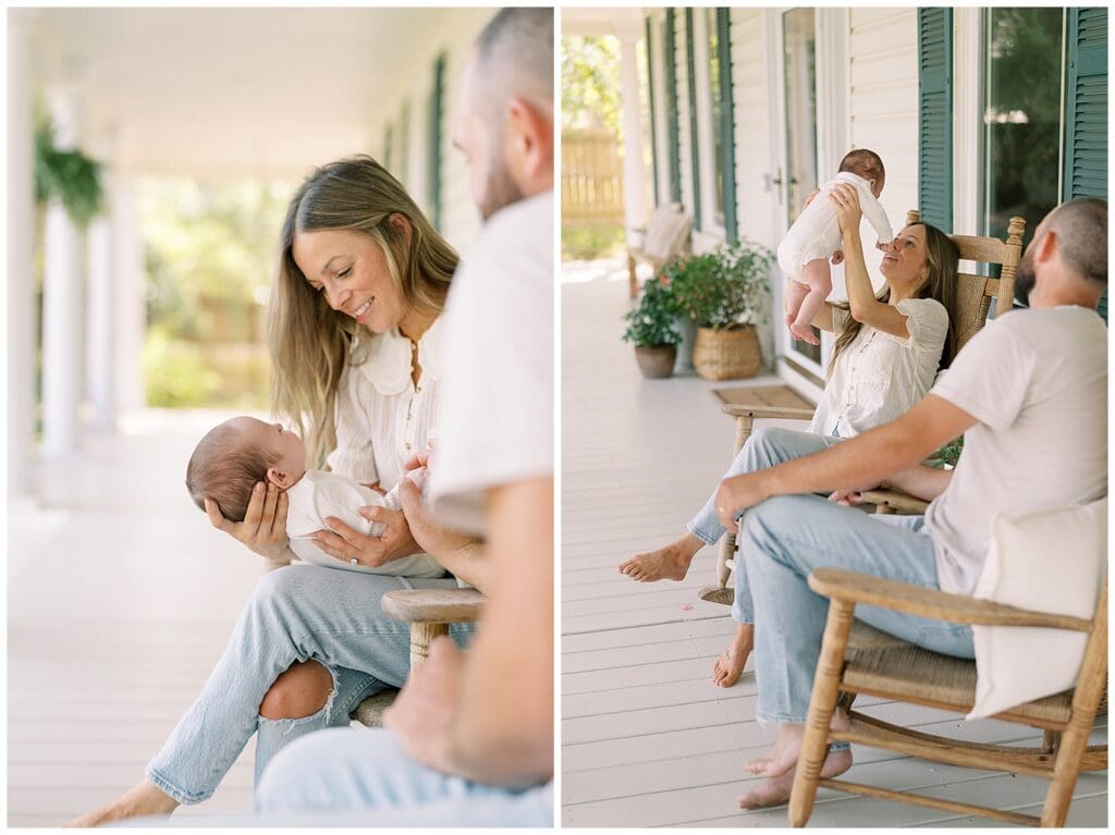 At home lifestyle newborn session on the family's front porch in Knoxville by Holly Michon Photography.
