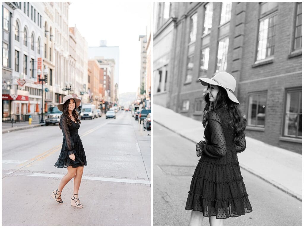 A Gen Z–Approved Guide for Knoxville Seniors - downtown Knoxville Tennessee senior portraits of beautiful girl in a black dress. 