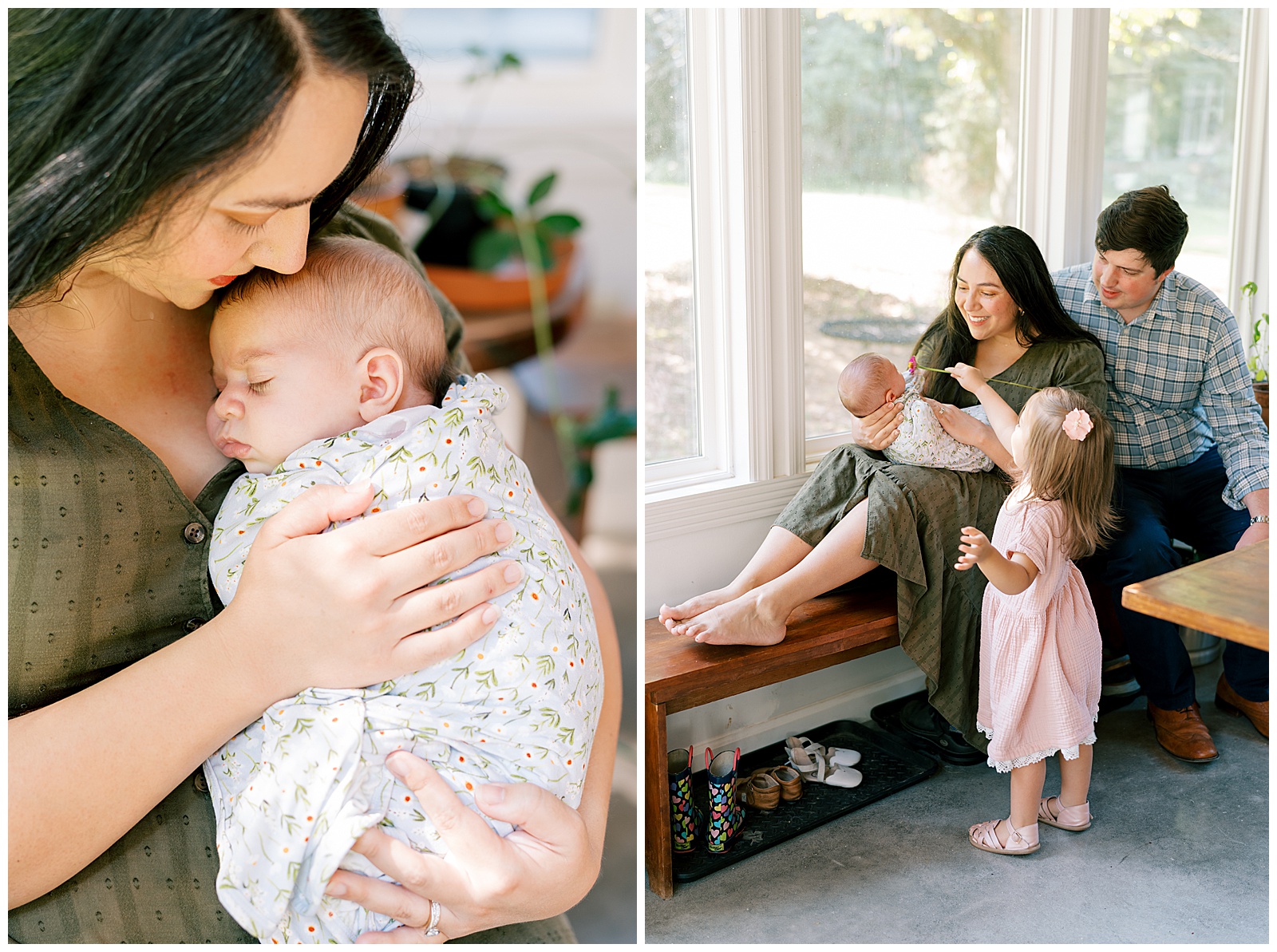 Mom and dad snuggle their newborn baby with big sister in their sunroom in home during their beautiful and light filled Knoxville area newborn session. 