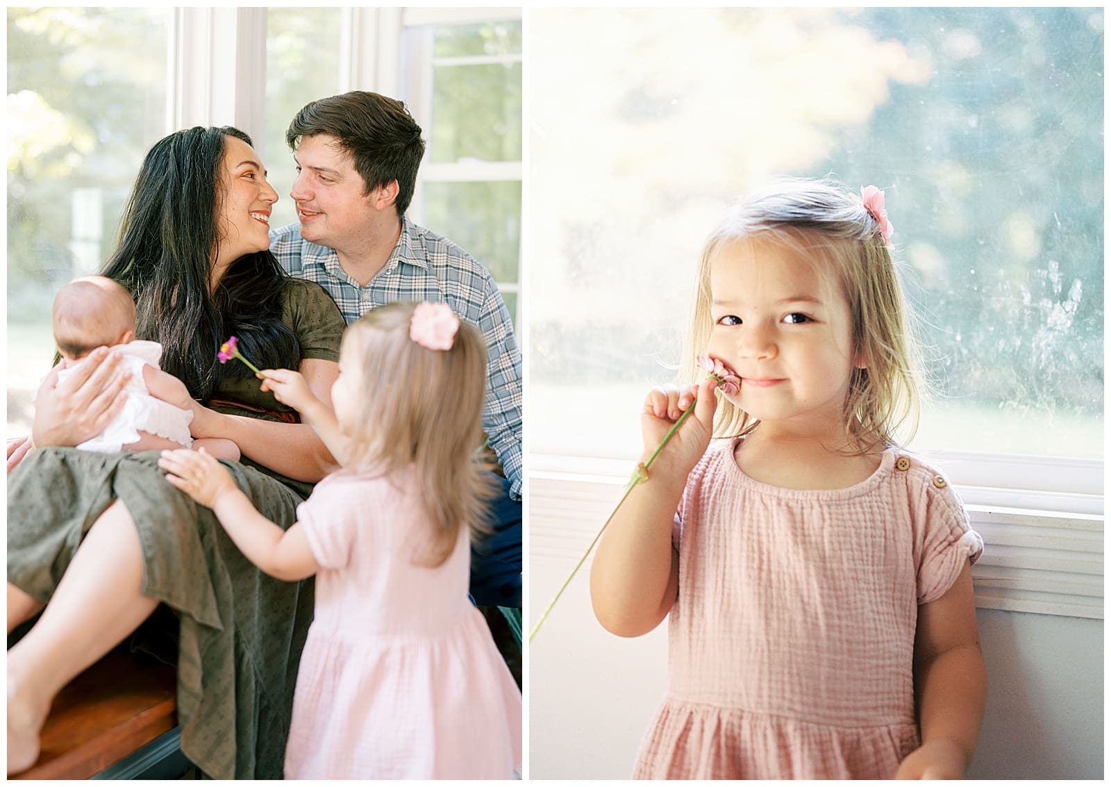 Mom and dad snuggle their newborn baby with big sister in their sunroom in home during their beautiful and light filled Knoxville area newborn session. 