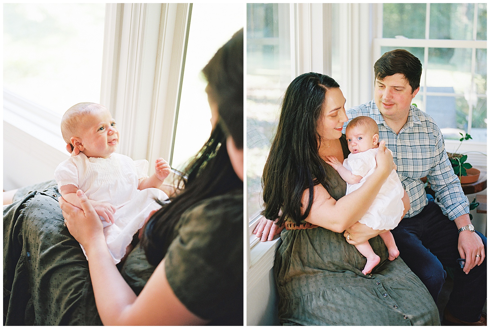 Mom and dad snuggle their newborn baby in their sunroom in home during their beautiful and light filled Knoxville area newborn session. 