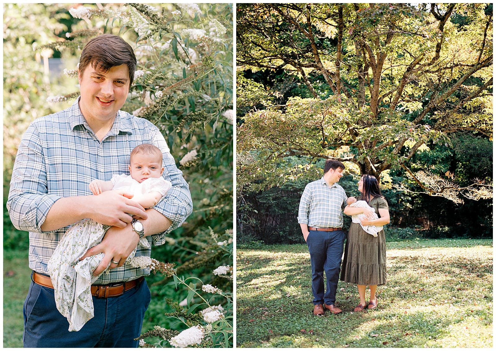 Mom and dad hold their newborn baby in their backyard during their beautiful and light filled Knoxville area newborn session. 